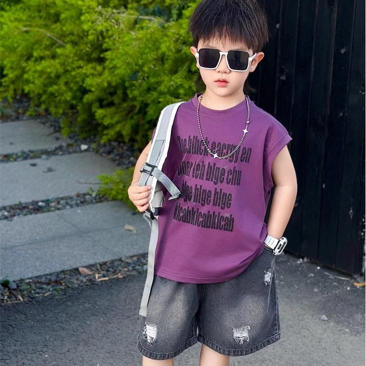 纯棉儿童装韩范痞帅男童夏季无袖背心2025新款小童炸街宝宝运动潮