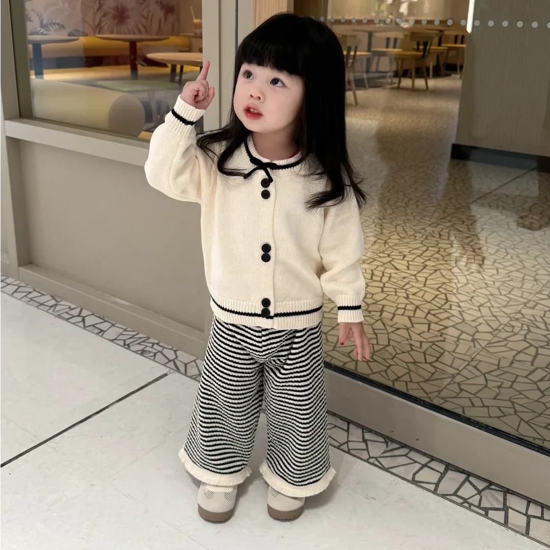 壹妈童装女童小香风套装洋气秋装儿童百搭针织开衫外套条纹阔腿裤