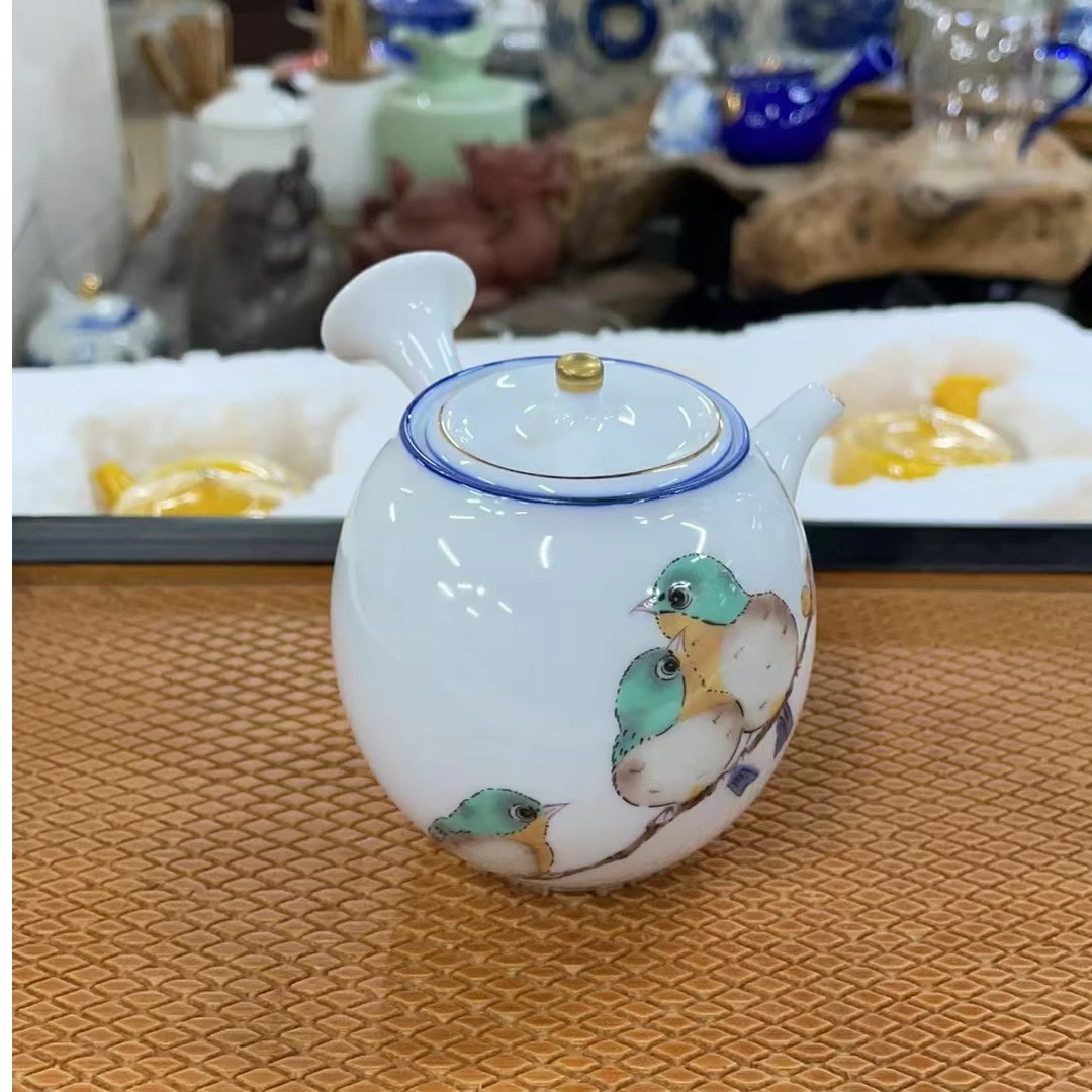 日式回流秀园鸟白色侧把壶