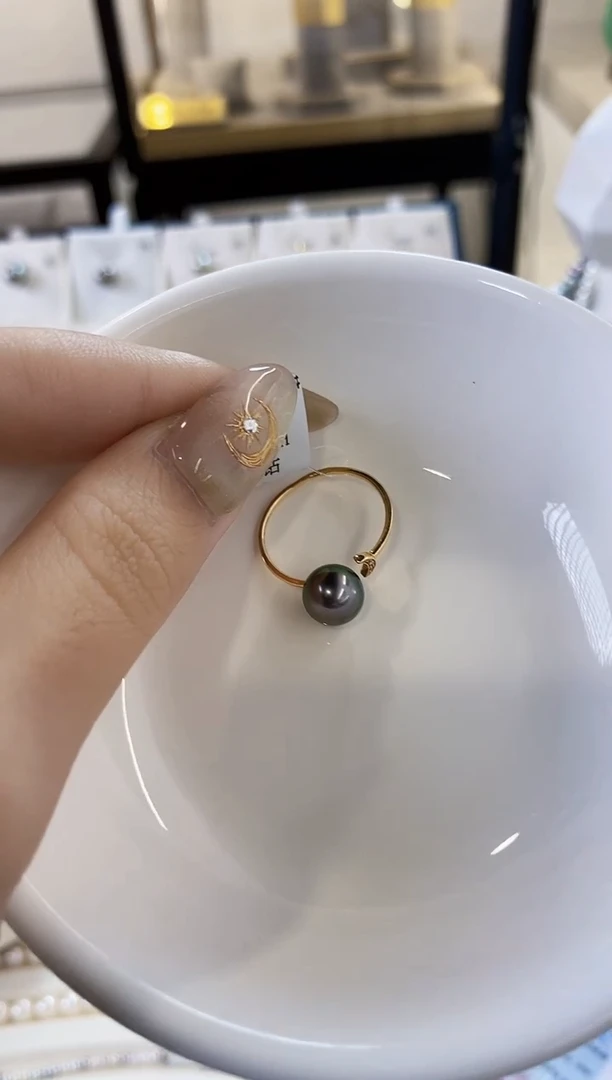 18K金镶嵌戒指海水珍珠8-9大溪地黑珍珠戒指