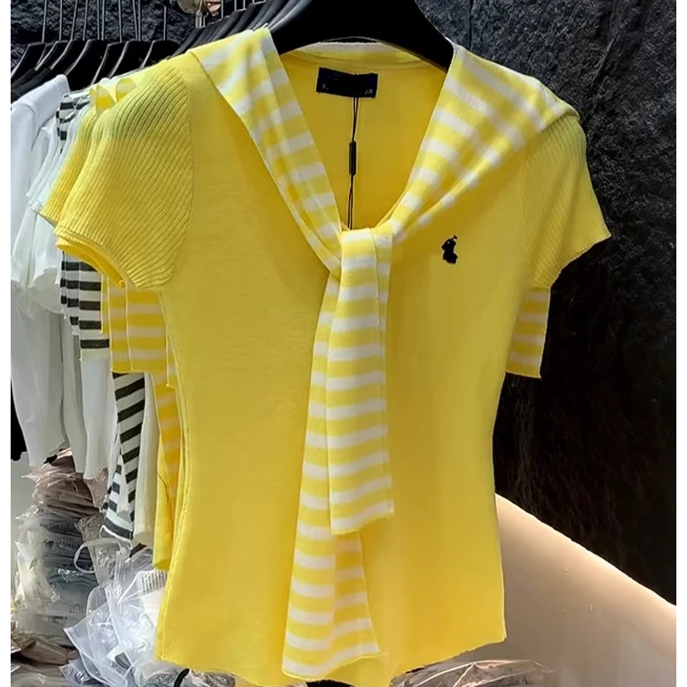 小马刺绣条纹披肩冰丝针织短袖两件套2025夏季新款V领时尚上衣女