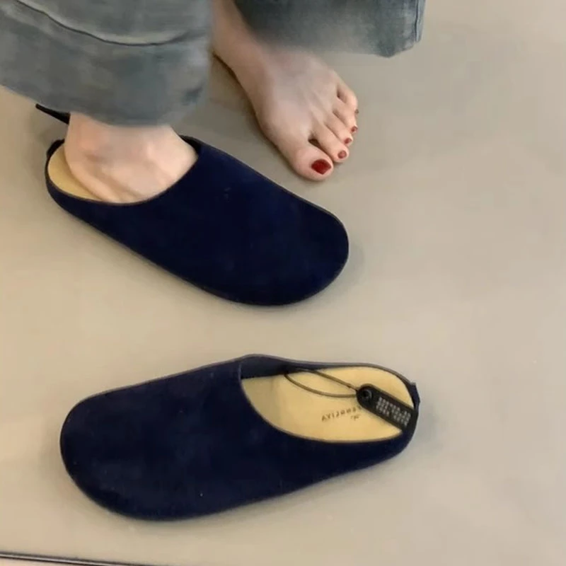 2025早秋新款ins简约软皮反绒包头穆勒鞋女休闲复古外穿勃肯半拖