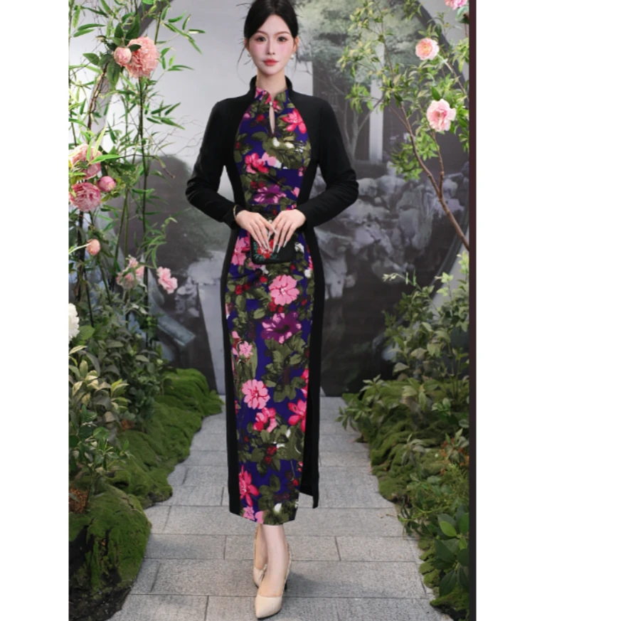 SUSSI/古色秋冬黑色新中式立领刺绣旗袍修身连衣裙女