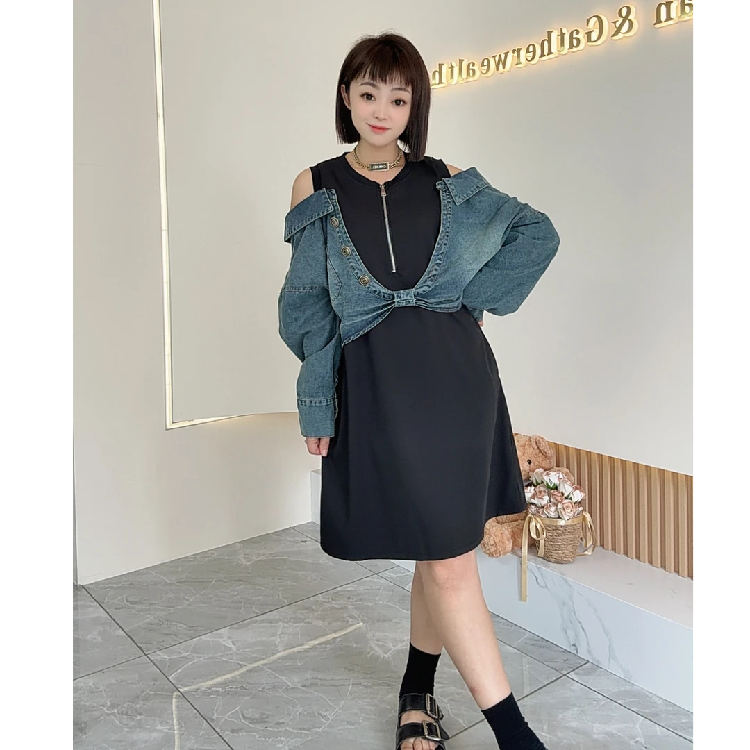 【鑫焱甄选】秋季套头法式针织中腰拼接牛仔连衣裙长袖设计感短裙