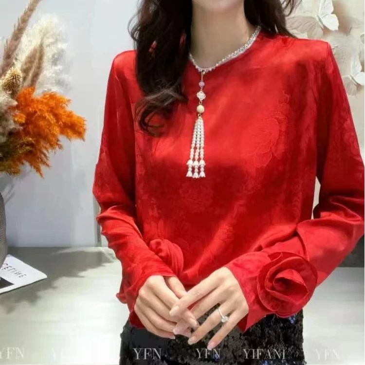 2025新中式国风衬衫复古提花宽松圆领新年气质红色长袖上衣女