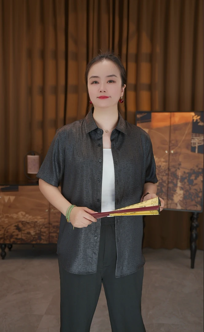 【香云纱油皮老料】男士夏季休闲薄款中国风短袖吸汗桑蚕丝衬衫03