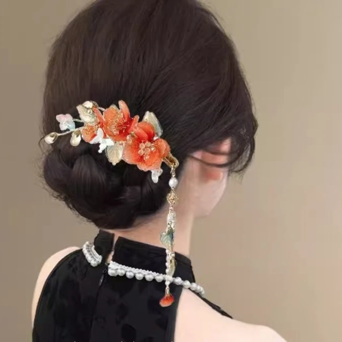 【Y215】新中式古风琉璃花朵流苏发夹汉服仙气头饰