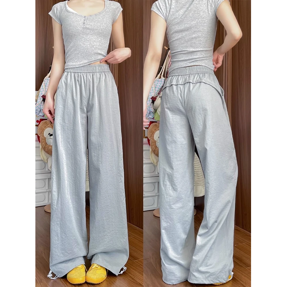 美式速干灰色工装裤女2025夏季薄款高腰显瘦阔腿小个子登山运动裤