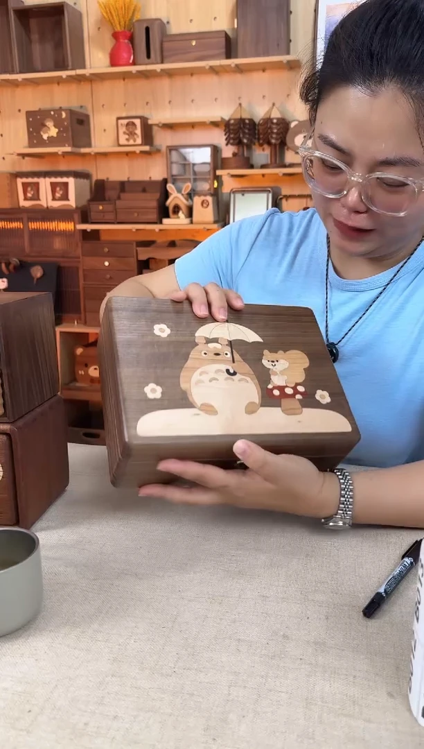 木北美黑胡桃龙猫镶嵌内双层首饰盒