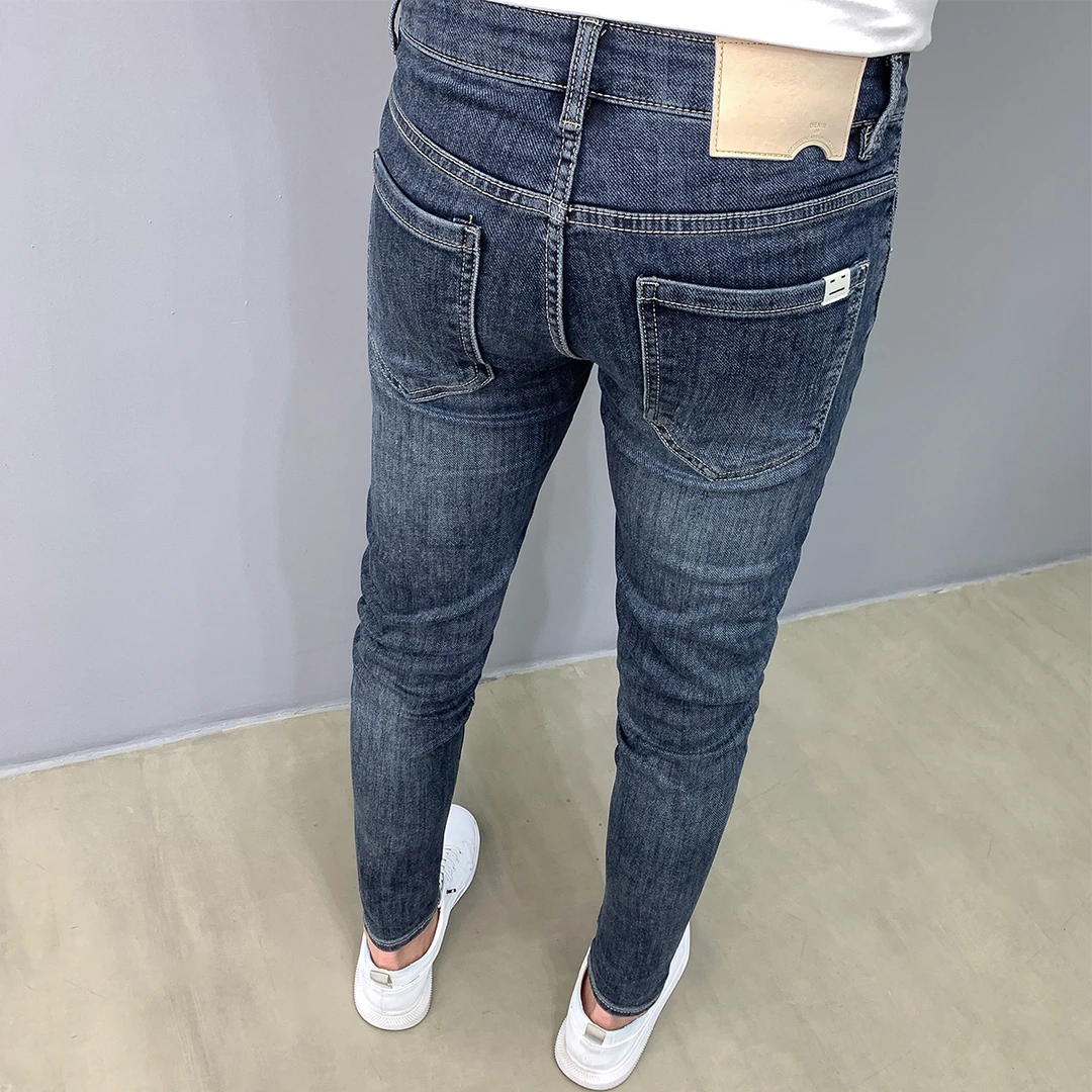 做旧韩版蓝色牛仔裤男简约百搭潮流新款九分修身小脚弹力显瘦长裤
