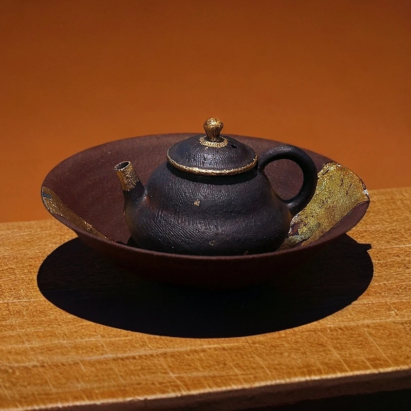 匏鑫紫砂鎏金茶壶 纯手工日式侘寂风 中式紫砂茶壶