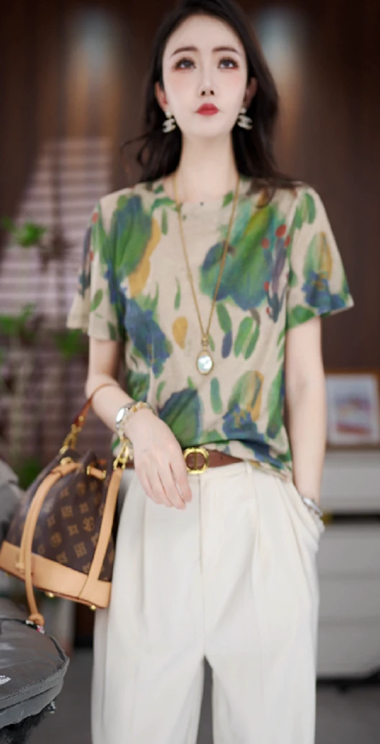 Y173新款时尚百搭气质宽松减龄短袖上衣-格子