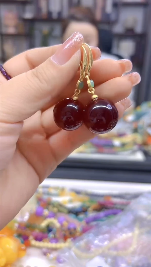 14K金镶嵌血珀耳饰DIY款E706