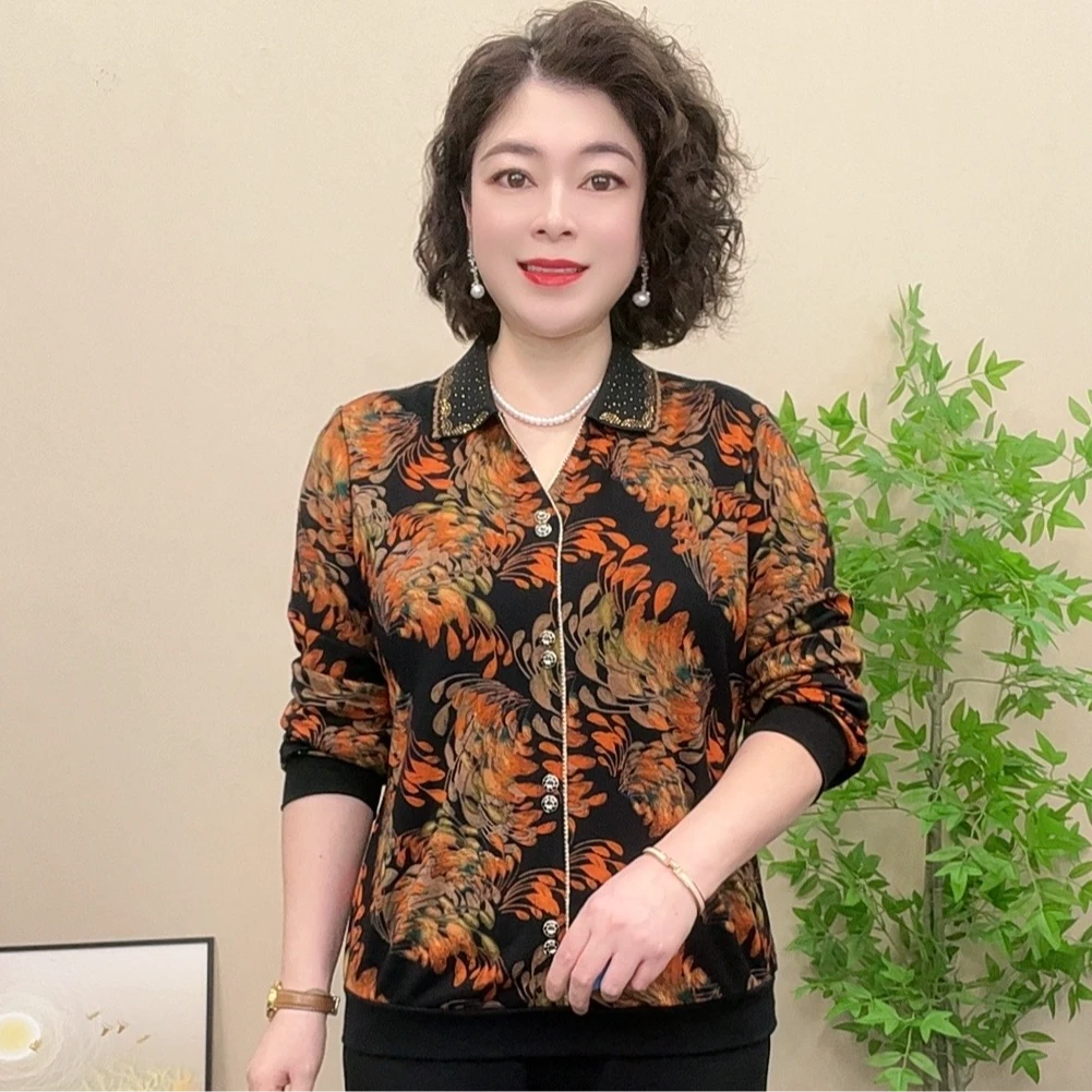 长袖妈妈装秋冬打底中老年女装气质翻领烫钻时尚洋气宽松显瘦百搭