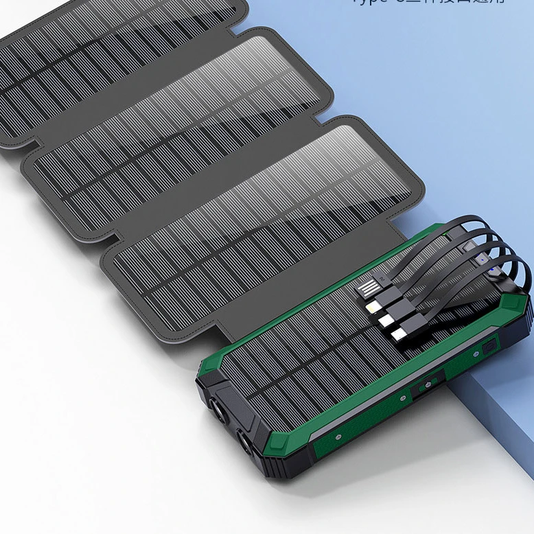 自带线太阳能充电宝20000无线充电 户外折叠太阳能板带强光手电