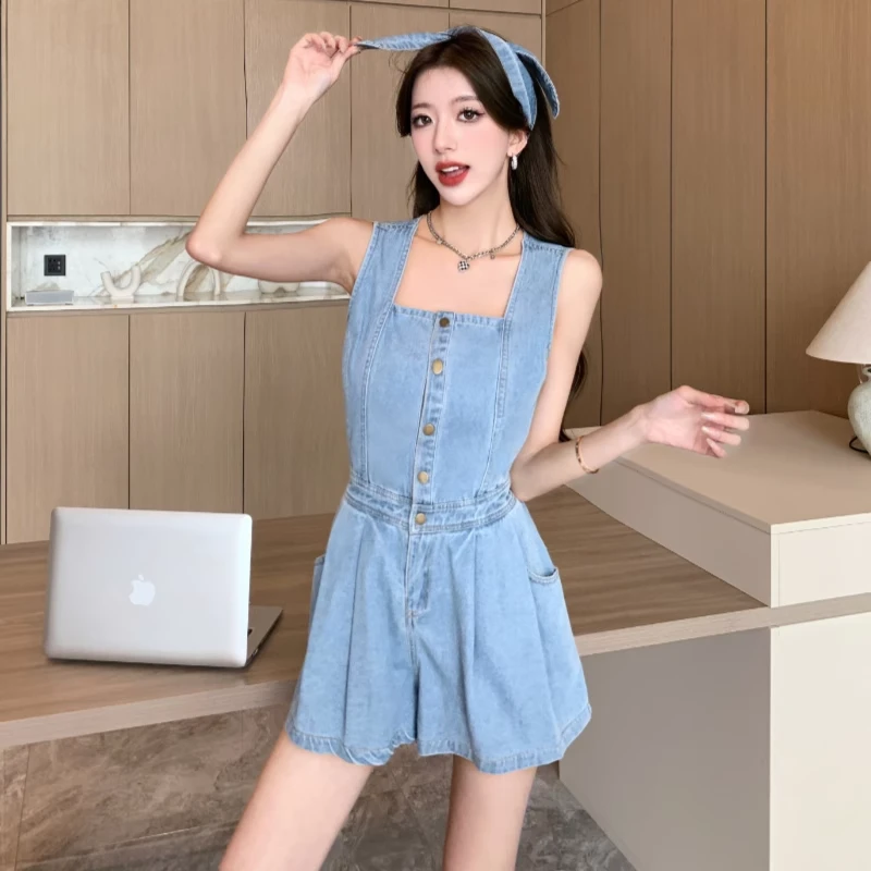 港味复古chic裙子无袖背心高级感牛仔连体裤女夏连衣裤时尚短裤子