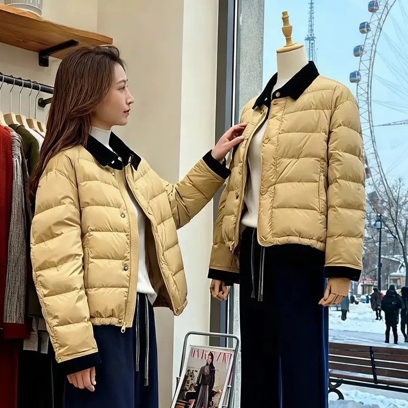 MISU/糜素韩系翻领撞色棉服外套冬季2025新款羽绒棉衣手塞棉保暖