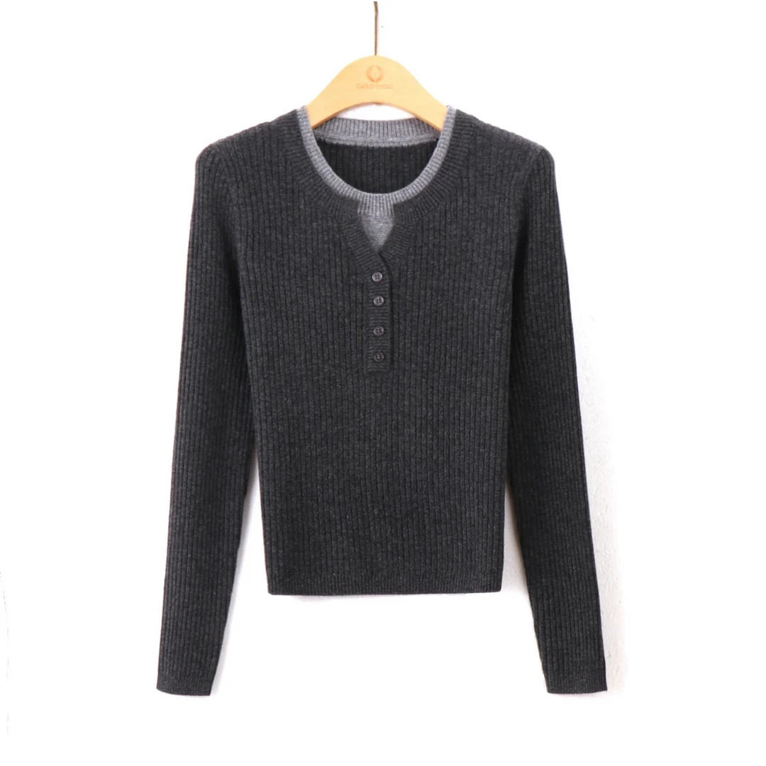 DYA5227洋气假两件长袖圆领开衫短款时尚休闲百搭新款修身针织衫