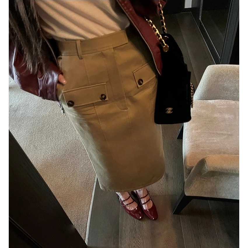 高级感工装半身裙加厚高腰直筒裙女秋休闲时尚百搭中长款开叉裙子