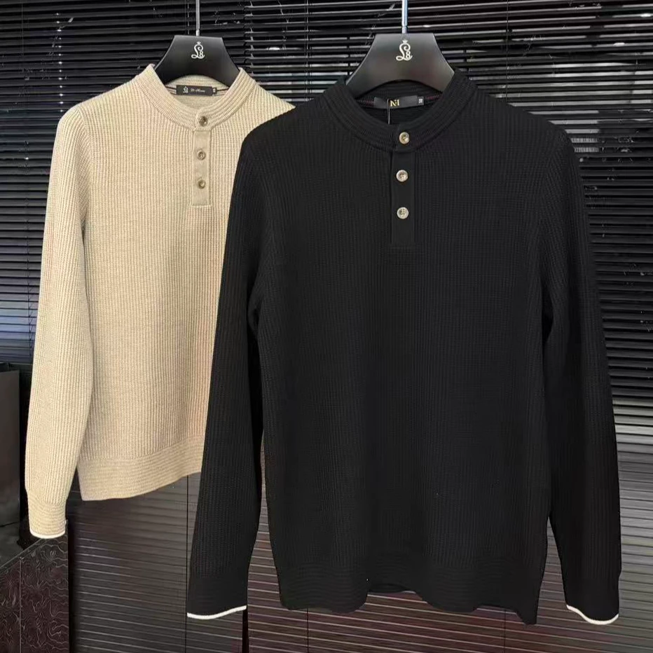 （EN）秋冬 新款 两色 含绵羊毛 亨利领 三粒扣 针织衫 75058