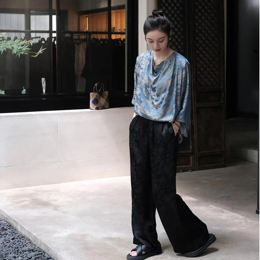 盛唐牡丹真丝提花蝶恋花阔腿裤（不支持七天无理由）