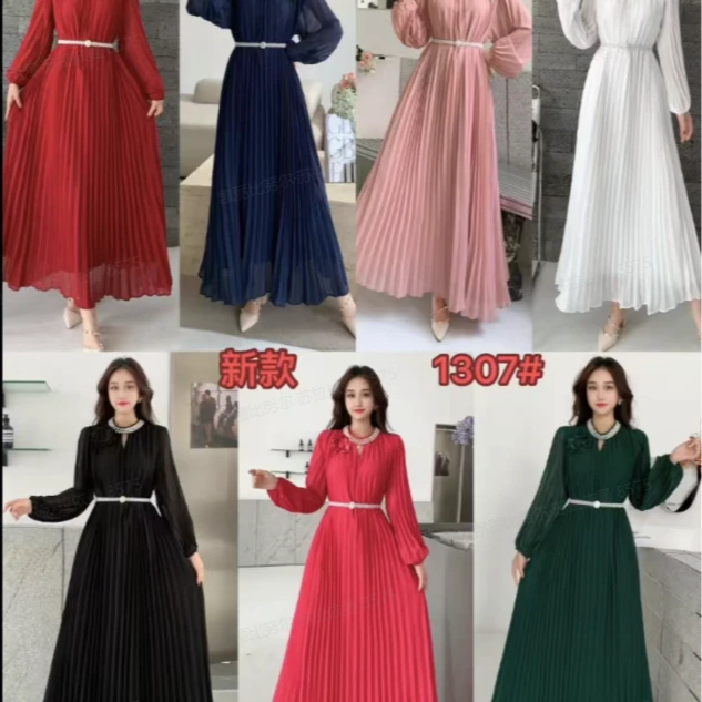 【祖可热女装】优雅连衣裙立领花朵圆领收腰系带压褶长裙YMT-1307