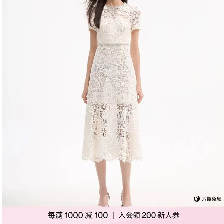 【S-P】纯色公主风短袖象牙白蕾丝白色连衣裙长裙裙子KL202504006