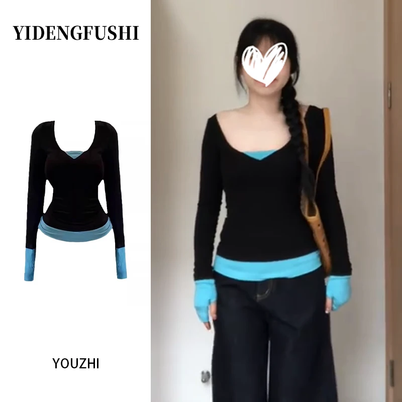 YIDENG美式辣妹假两件拼接长袖t恤女早秋季穿搭修身内搭打底上衣
