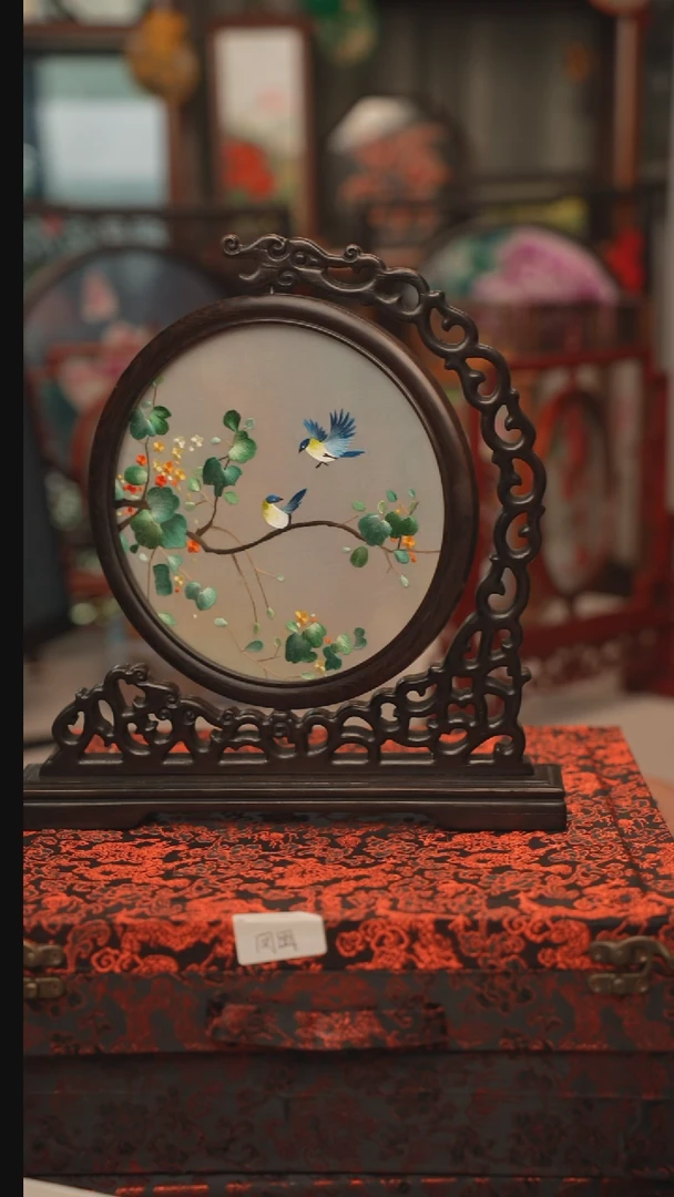 扇子龙头架 苏绣双面绣摆台