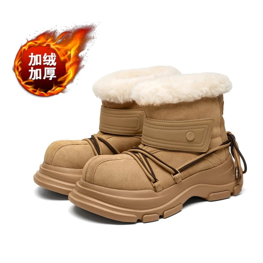 雪地靴男女款厚底冬季保暖防水防滑皮毛一体丑萌大头绑带情侣靴子