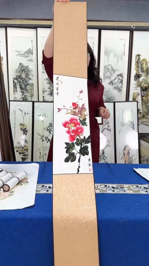 国画牡丹卷轴 20*150