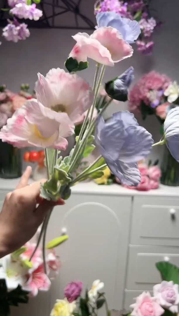 2枝粉色2枝紫色手感保湿虞美人