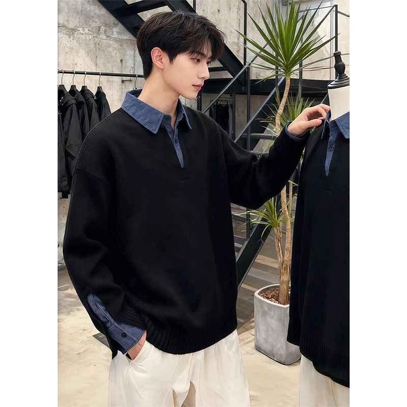 韩系假两件毛衣男秋冬季内搭青少年衬衫领针织衫拼接重磅打底上衣