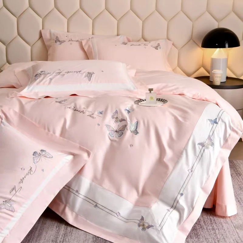 【高货清仓】轻奢高精密刺绣纯棉四件套-莺歌蝶舞/浅粉