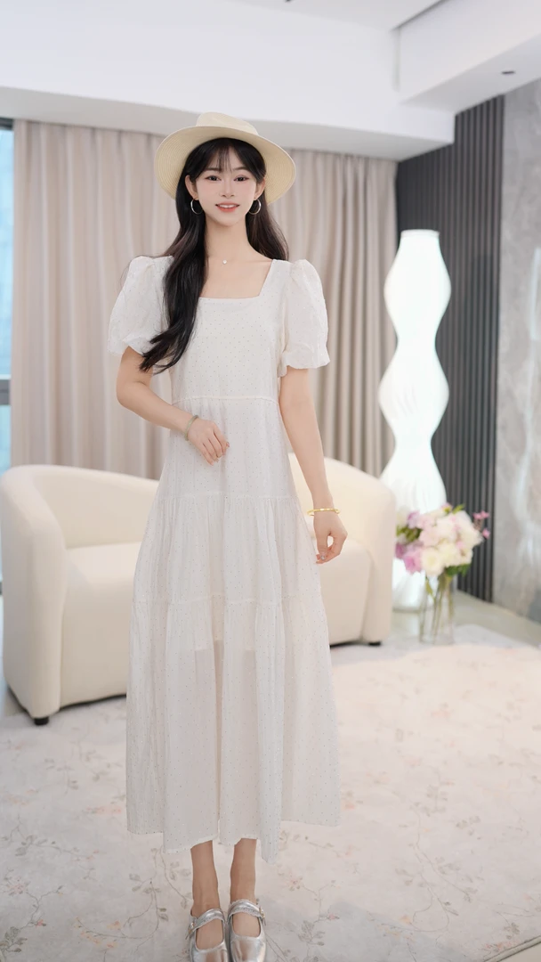 【JIN XI】夏季法式超仙长裙轻奢气质女神范砖砖方领蕾丝连衣裙子