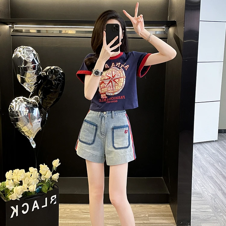 夏季新款设计感小版拼色短袖软牛仔布料短裤套装女时尚减龄休闲款