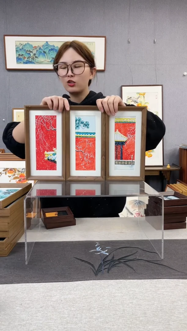 【闪购商品】国画手写手绘带框作品-16*29-三个一套