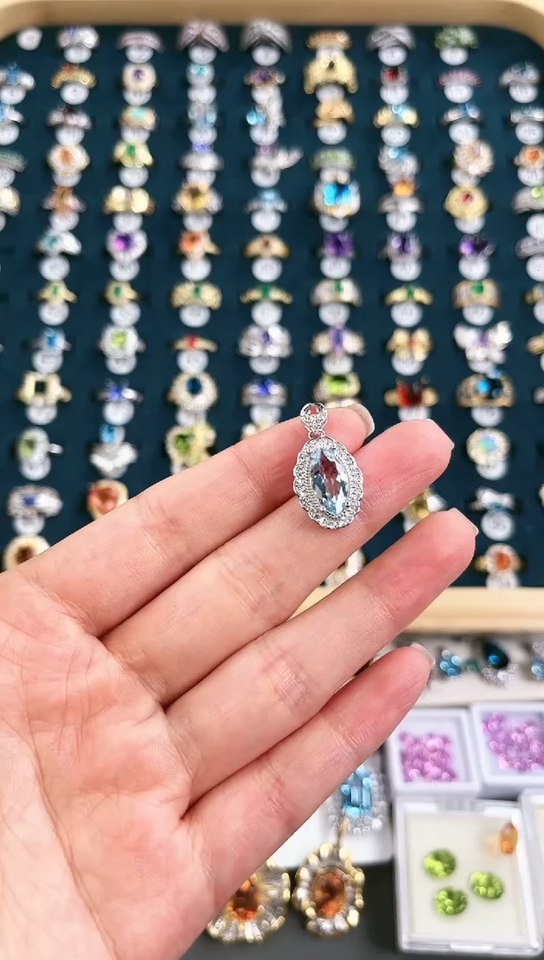 银S925镶嵌颈饰海蓝宝石金**贼r55