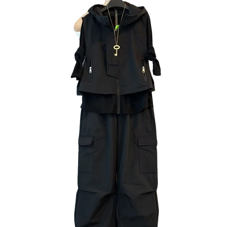 大维罗依JS新款大码内里加绒工装风马甲上衣假两件裤子两件套