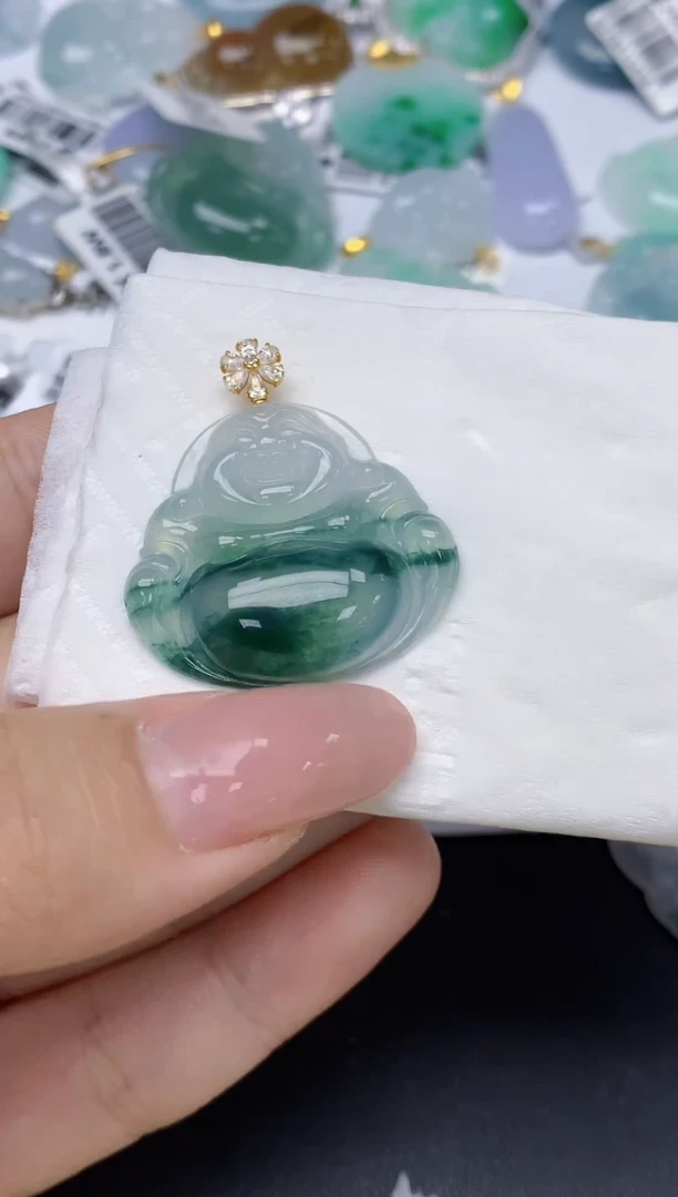 颈饰18K金镶嵌翡翠天然缅甸a货翡翠百元以上9元证书费自理