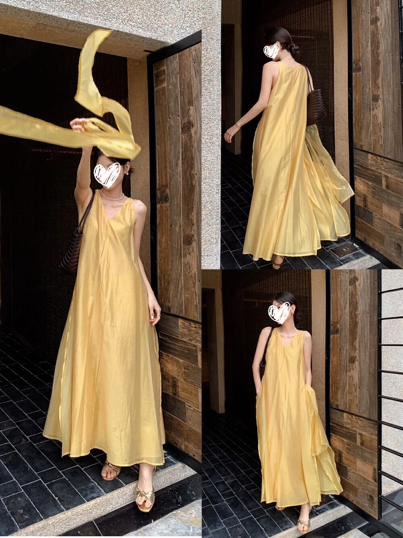 气质吊带夏季度假风套头V领连衣裙吊带裙法式显瘦长裙