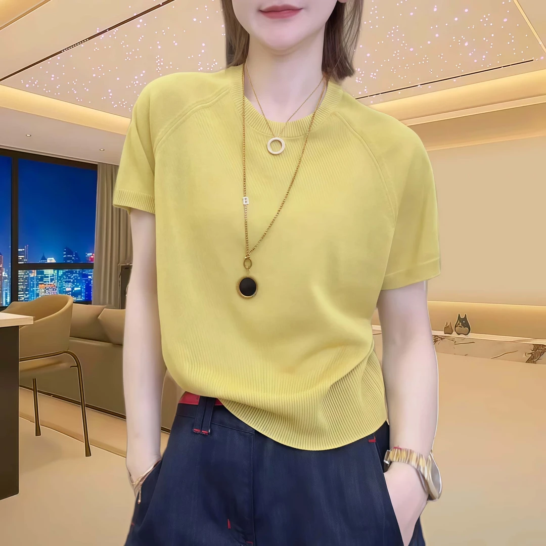 1夏季圆领薄款短袖女士针织衫时尚百搭宽松显瘦纯色简约套头上衣
