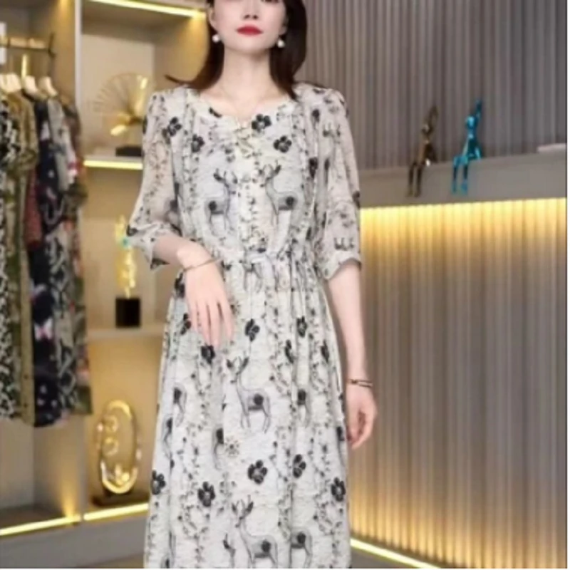 新款时尚百搭洋气中长款连衣裙气质减龄休闲百搭显瘦女裙妈妈装