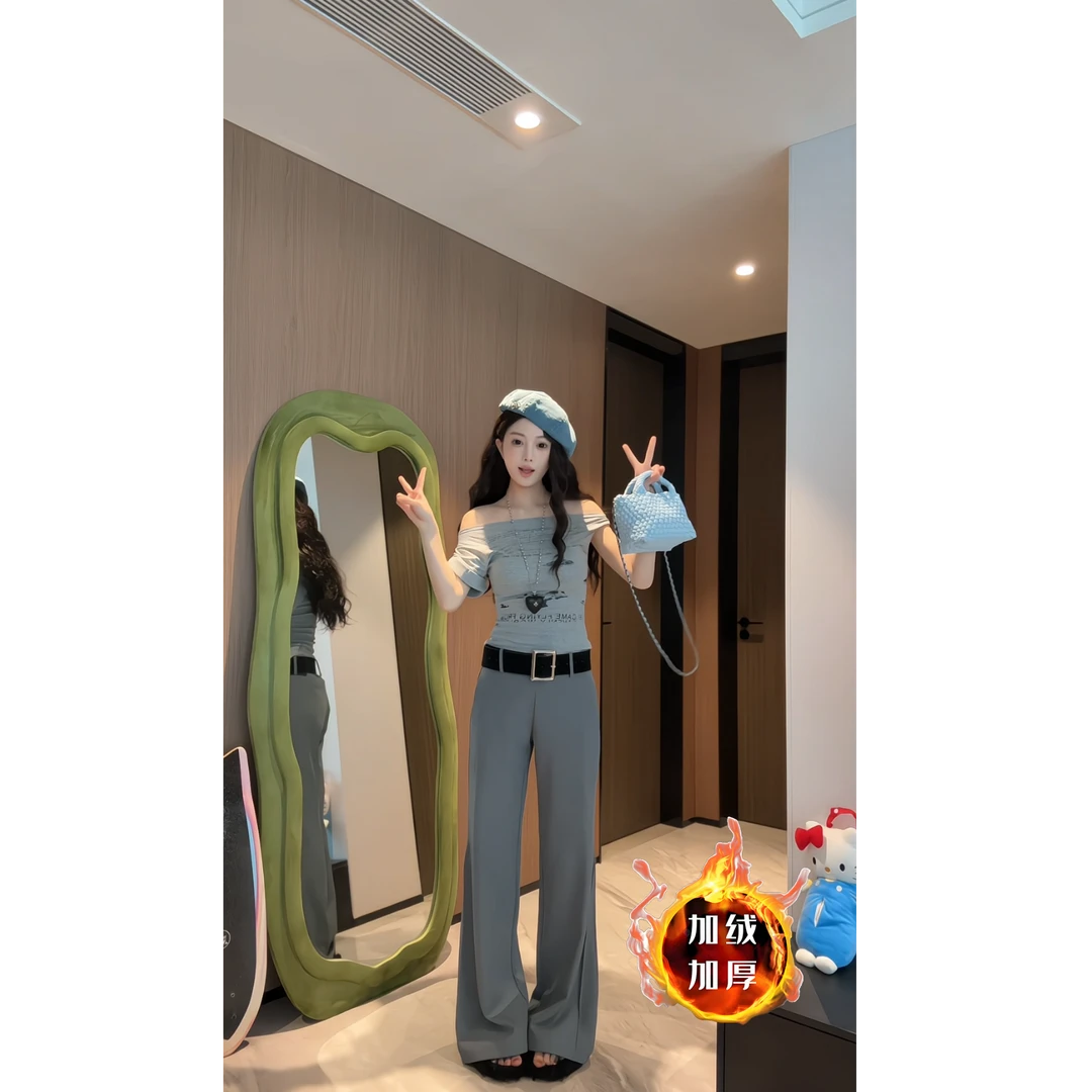 秋冬加绒加厚西装裤女装长裤美式百搭低腰垂感休闲裤显瘦微喇叭裤