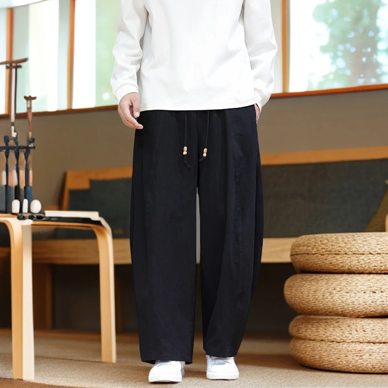 男士裤子禅意棉麻直筒裤男士哈伦长裤中国风弯刀裤大码宽松休闲裤