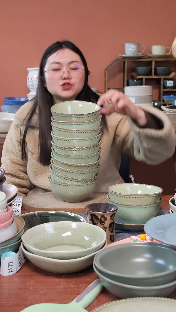 【闪购商品】碗A3670陶瓷绿色碗10件套