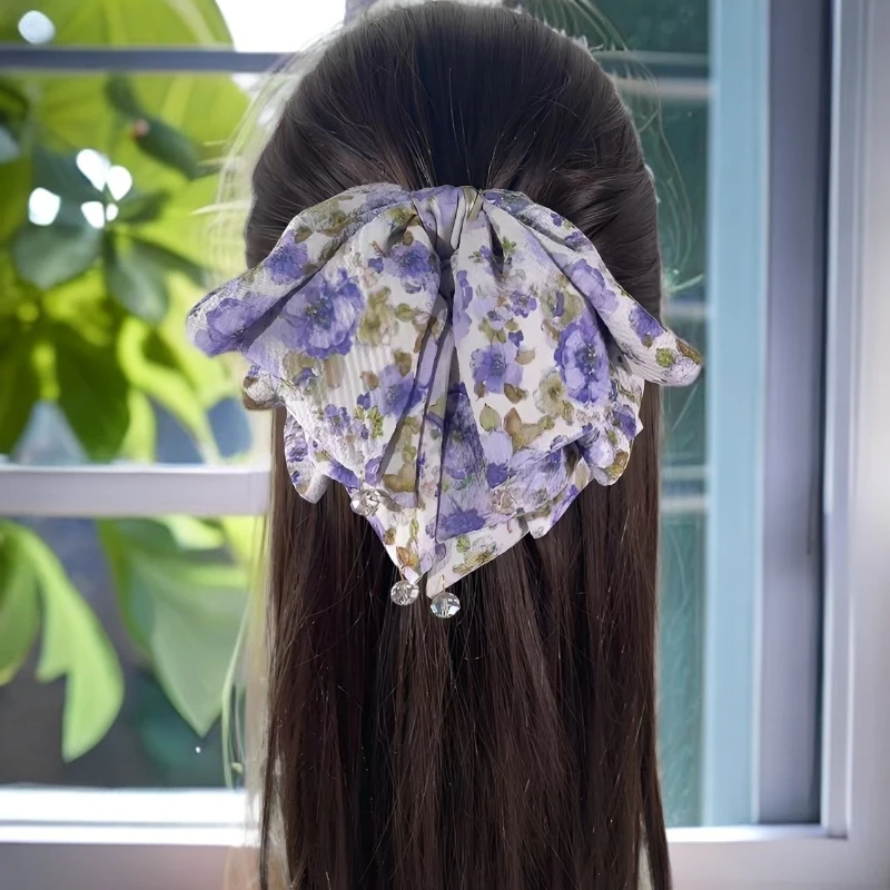 2025新款气质结马尾抓夹高级感花朵印花飘带发夹高端复古头饰