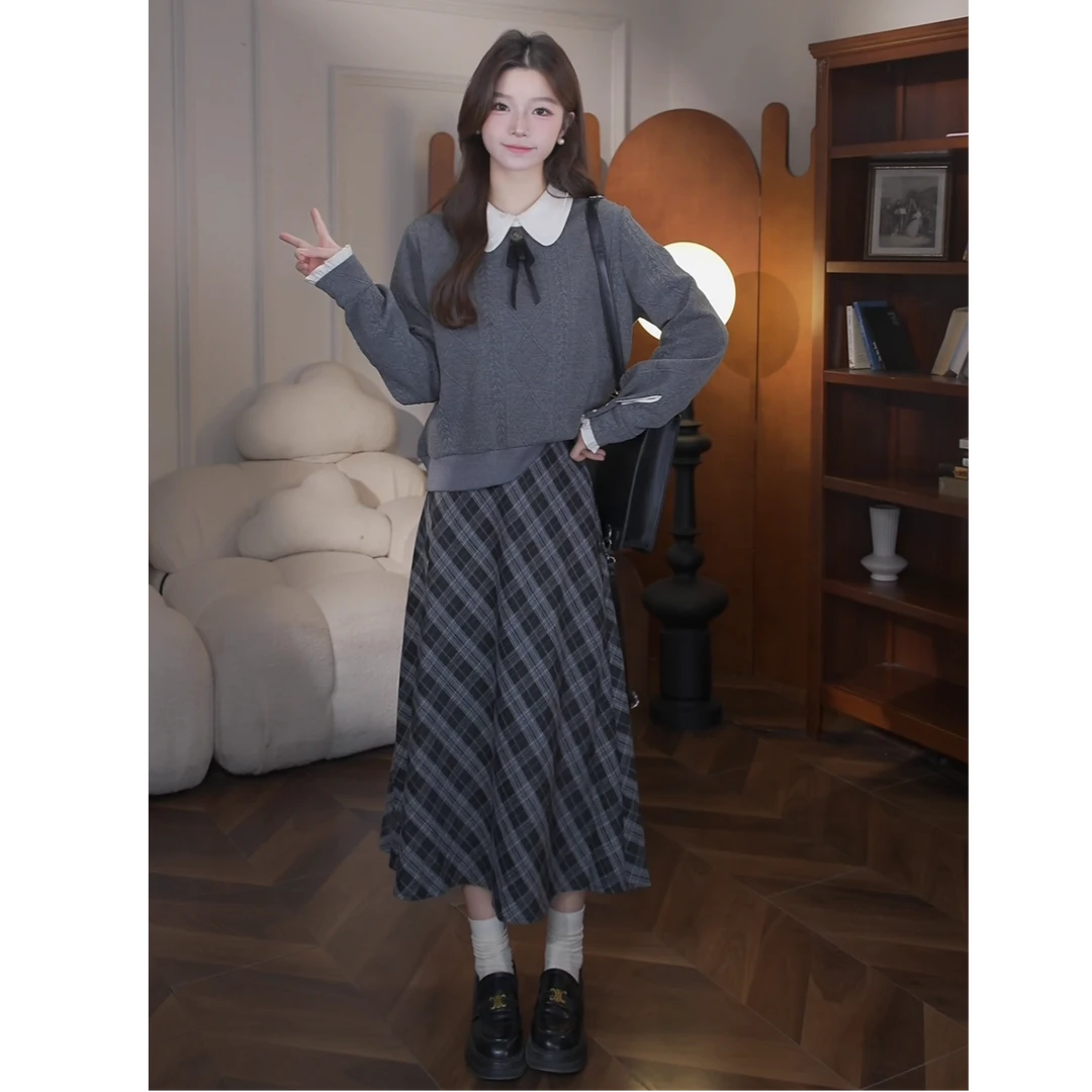 鹿向南【云山飞鸟】秋季新款韩系减龄气质慵懒假两件卫衣半身裙套装