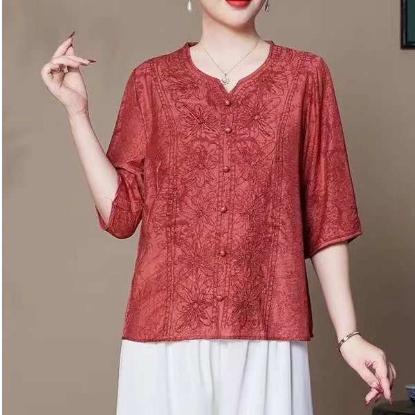 妈妈装款刺绣复古七分袖T恤上衣休闲宽松小衫显瘦薄款印花衬衫