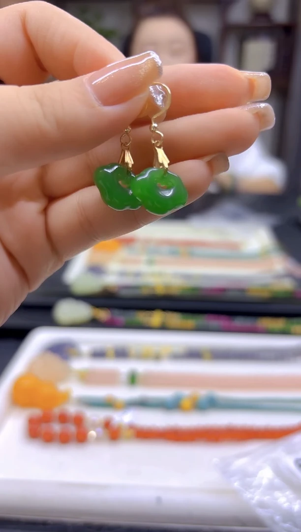 和田玉（碧玉）14K金镶嵌耳饰DIY款E859